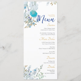 Menu Casamento Romântico, Azul e Dourado, Floral