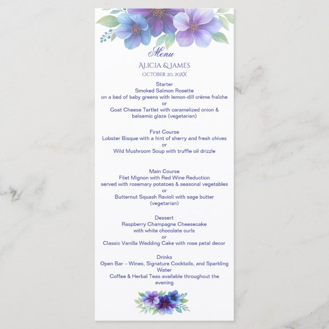 Menu Casamento Romântico de Cor Azul Botânica Romântica (Frente)