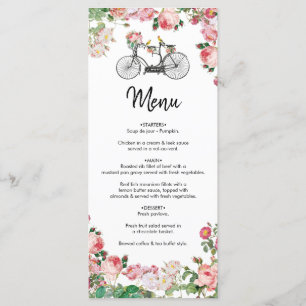 Menu Casamento Romântico de Flores de Bicicletas e Ave