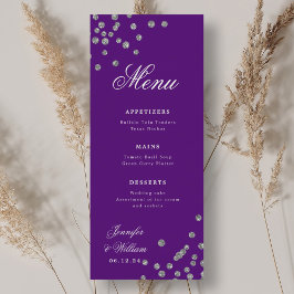 Menu Casamento Romântico de Script Confetti Prata Roxo