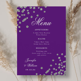 Menu Casamento Romântico de Script Confetti Prata Roxo