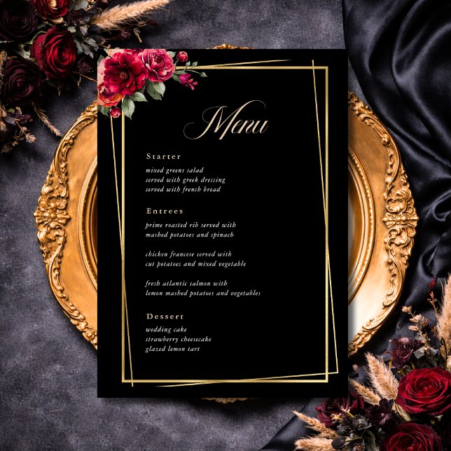 Menu Casamento romântico elegante floral vermelho preto (Criador carregado)