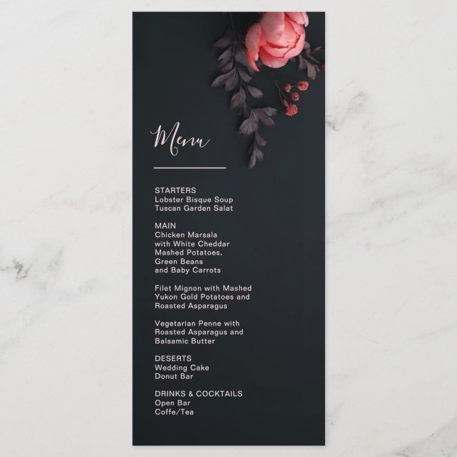Menu Casamento Romântico Escuro com Flores 3D Rosa (Frente)