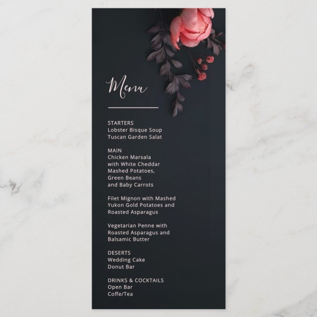 Menu Casamento Romântico Escuro com Flores 3D Rosa (Frente)