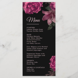 Menu Casamento Romântico Escuro com Rosas Desenhadas à