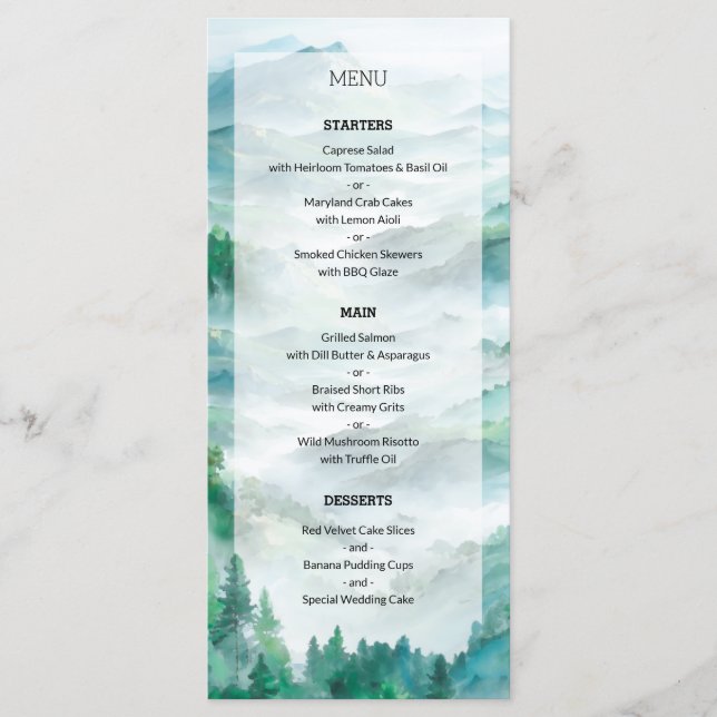 Menu Casamento Romântico Verde e Blue Woodland Mountain (Frente)