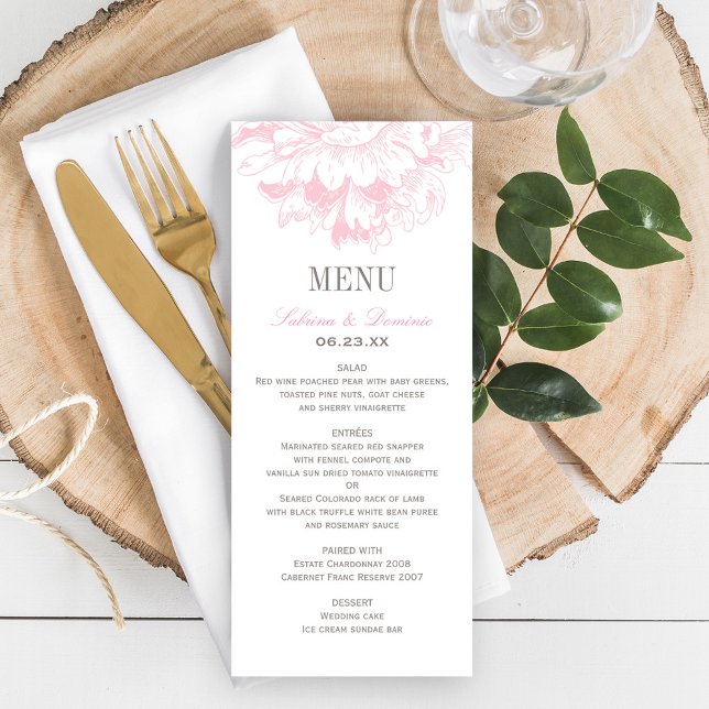 Menu Casamento Rosa Cinza Floral Peônia Jantar de Casam (Criador carregado)