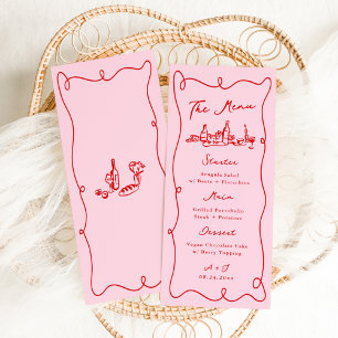 Menu Casamento Rosa e Vermelho Desenhado Mão Branca