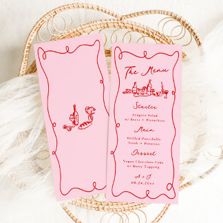 Menu Casamento Rosa e Vermelho Desenhado Mão Branca