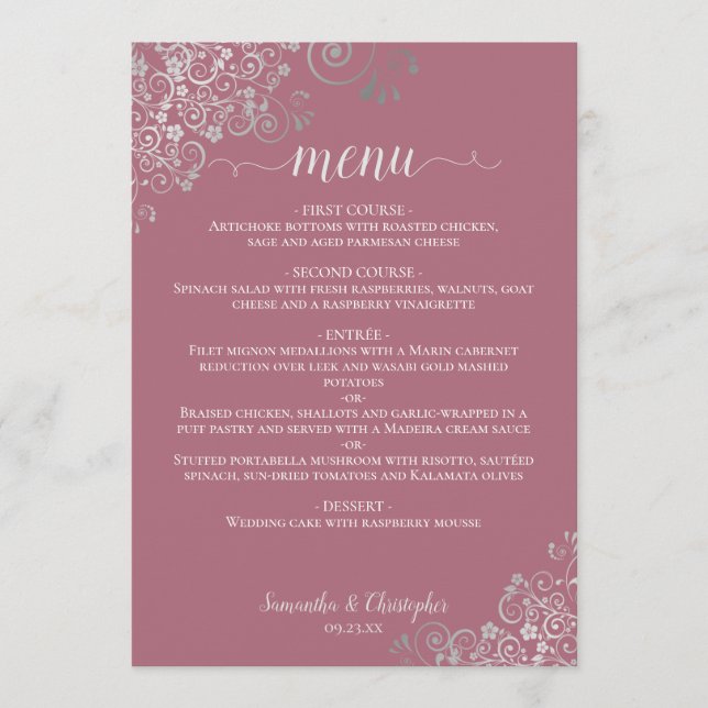 Menu Casamento Rosa-Rosa Dusty de rendas prateadas eleg (Frente)