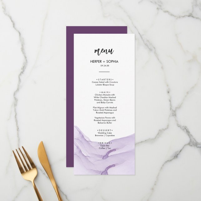 Menu Casamento Roxo Aquarela Moderna (Frente/Verso In Situ)