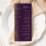 Menu Casamento Roxo Dourado Moderno com Brilho Escuro<br><div class="desc">A borda esquerda deste elegante cardápio moderno de casamento apresenta um design de brilho dourado. O texto personalizável combina manuscrito dourado,  fontes em copperplate e itálico em um fundo roxo escuro. O verso apresenta um design de brilho roxo e dourado correspondente.</div>