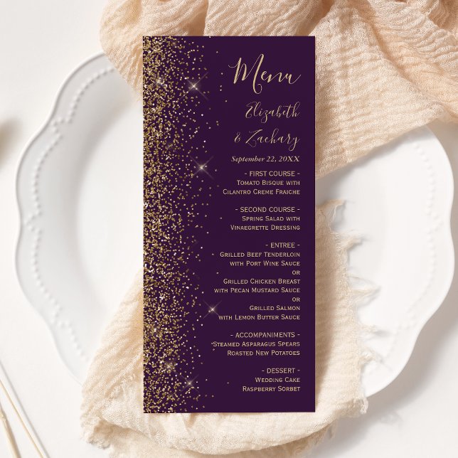 Menu Casamento Roxo Dourado Moderno com Brilho Escuro (Criador carregado)