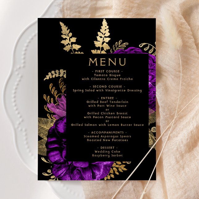 Menu Casamento Roxo Floral Escuro Temperamental Dourado (Criador carregado)