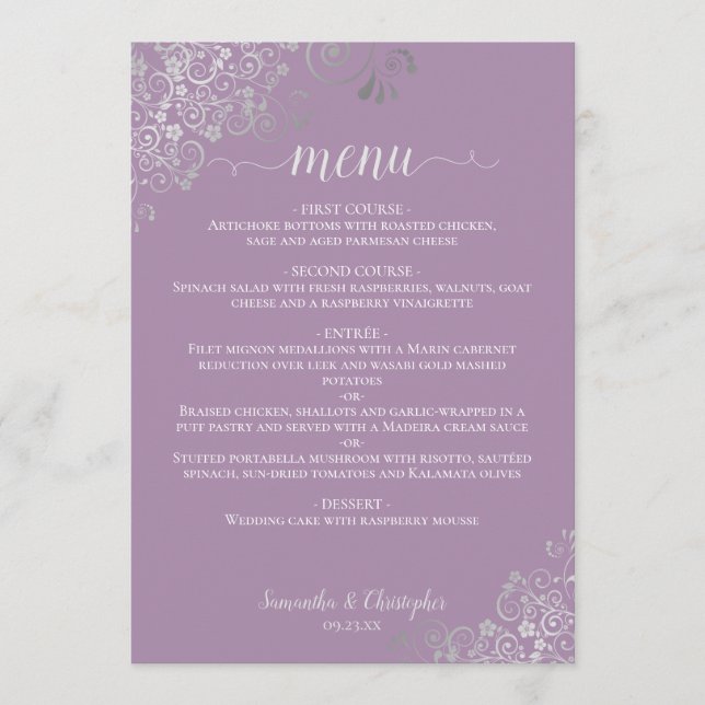 Menu Casamento Roxo-Lavanda de Arroz de Prata Elegante (Frente)