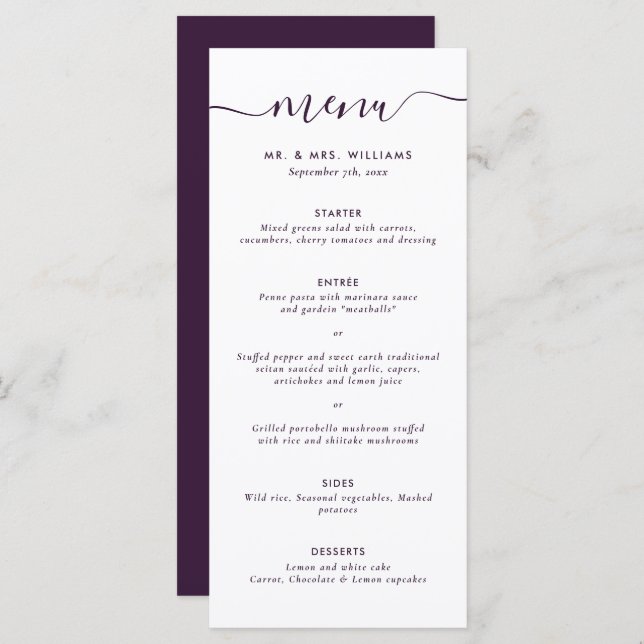 Menu Casamento Roxo Moderno (Frente/Verso)