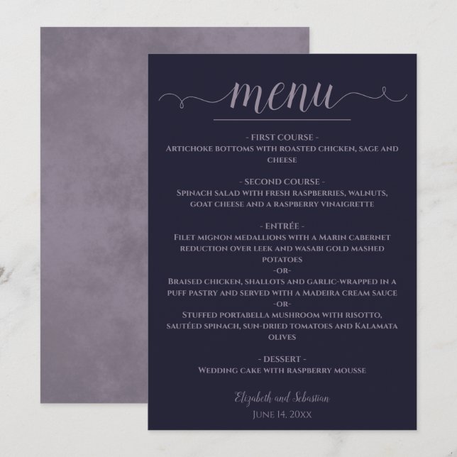 Menu Casamento Roxo Simples e Azul Marinho Elegante (Frente/Verso)