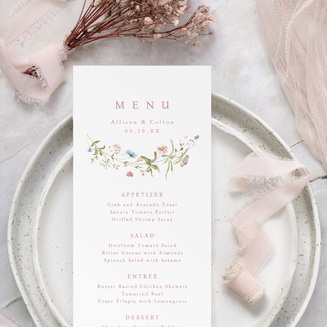 Menu Casamento Russo de Boca Rosa Elegante (Elegant Dusty Pink Wildflower Rustic Boho Wedding Menu)