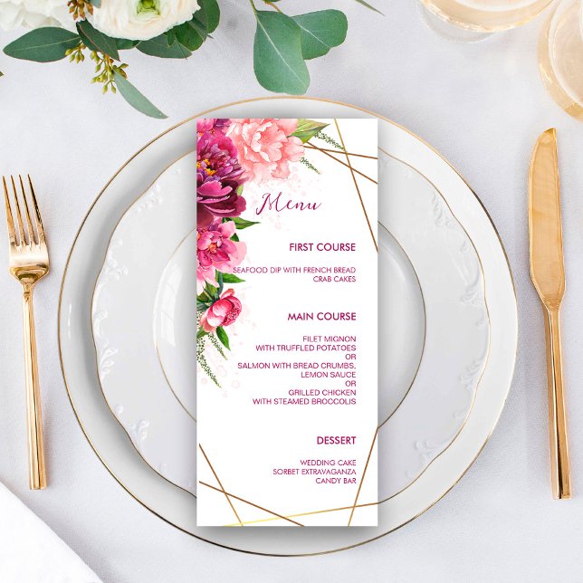 Menu Casamento Russo de Foil Ouro de Peonies Faux (Criador carregado)