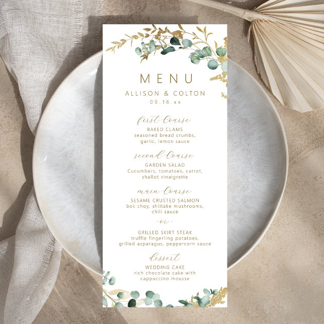 Menu Casamento russo de ouro eucalipto verde boho (Rustic eucalyptus gold greenery boho wedding menu)