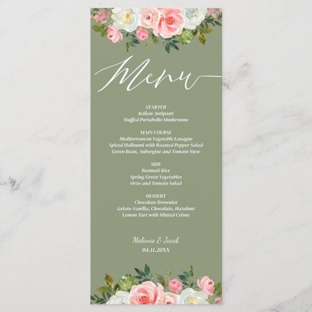 Menu Casamento Russo Rosa Floral Sage Green Flat (Frente)