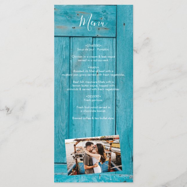 Menu Casamento Rustic Blue Wood 4 Fotos (Frente)