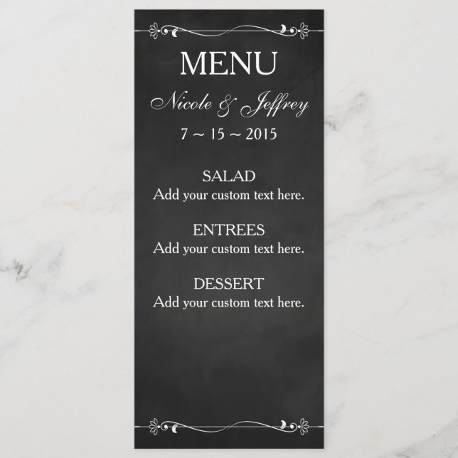 Menu Casamento Rustic Chalkboard Comer Bebida (Frente)