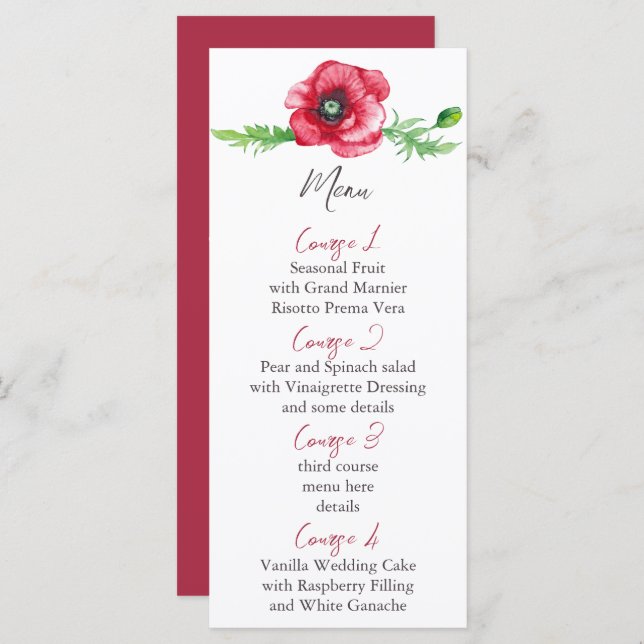 Menu Casamento Rustic Elegant Watercolor Red Poppy (Frente/Verso)
