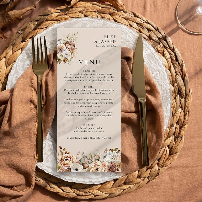 Menu Casamento Rustic Fall Floral Brown Neutral (Wedding Menu from Rustic Floral Brown Neutral Wedding Collection by Darling & May)