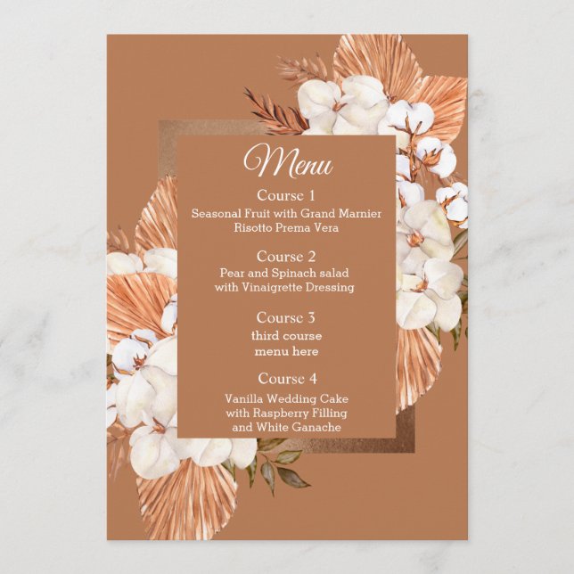 Menu Casamento Rustic Terracotta Boho Pampas Orchids (Frente)
