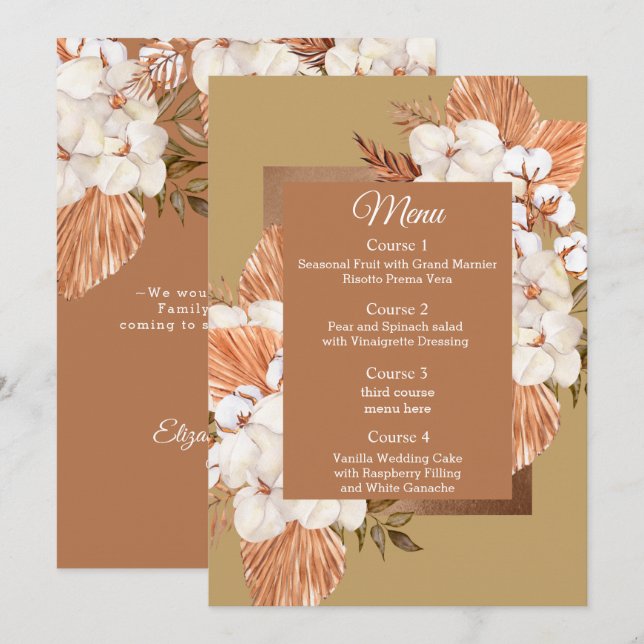 Menu Casamento Rustic Terracotta Dourado Boho Pampas (Frente/Verso)