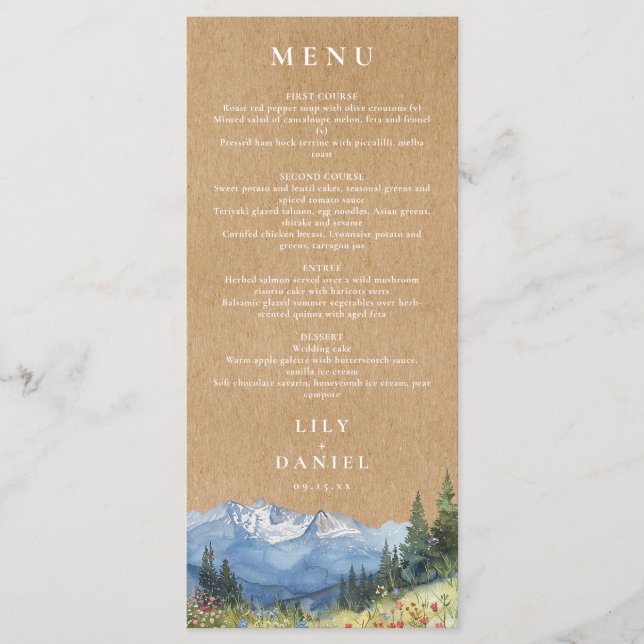 Menu Casamento Rustic Watercolor Mountain (Frente)