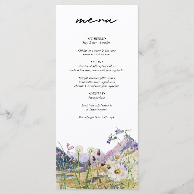 Menu Casamento Rustic Watercolor Wildflower Mountain (Frente)