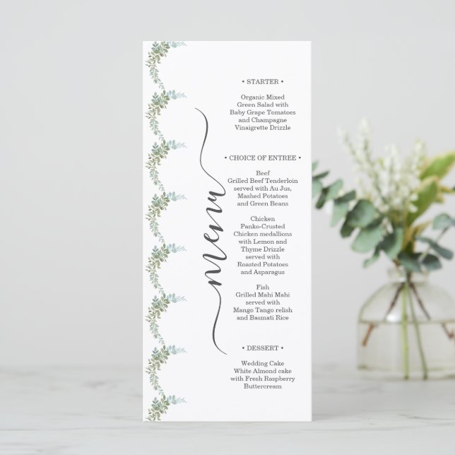 Menu Casamento Rústico Aquarela Eucalipto Verde Suave (Em pé/Frente)