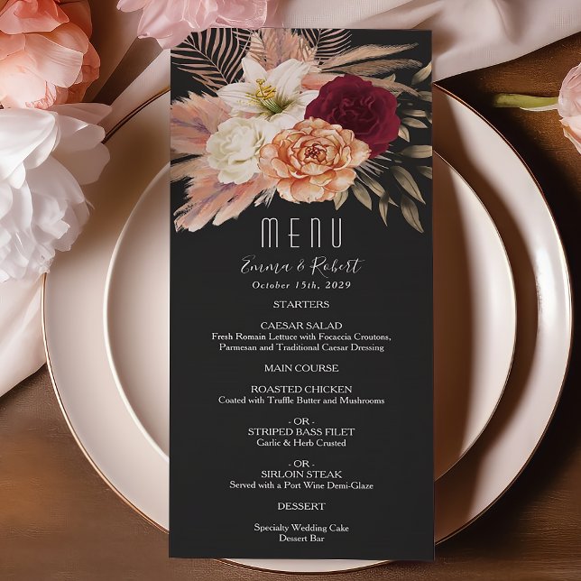 Menu Casamento Rústico com Burgundy e Florais Pretos (Criador carregado)