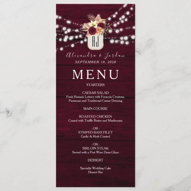 Menu Casamento Rústico de Borgonha na Floresta (Frente)