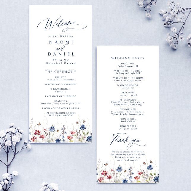 Menu Casamento Rústico de Flor Silvestre de Aguarela Az (Navy Blue Watercolor Wildflower Rustic Wedding Menu)