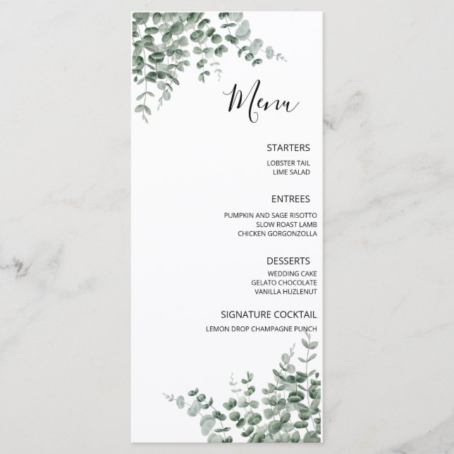 Menu Casamento Rústico de Verde com Eucalipto (Frente)
