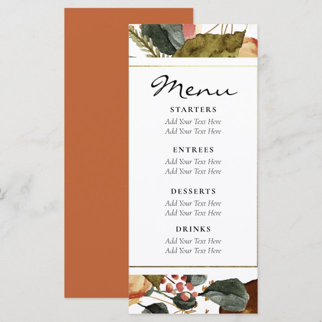 Menu Casamento Rústico Floral em Aquarela de Outono (Frente/Verso)