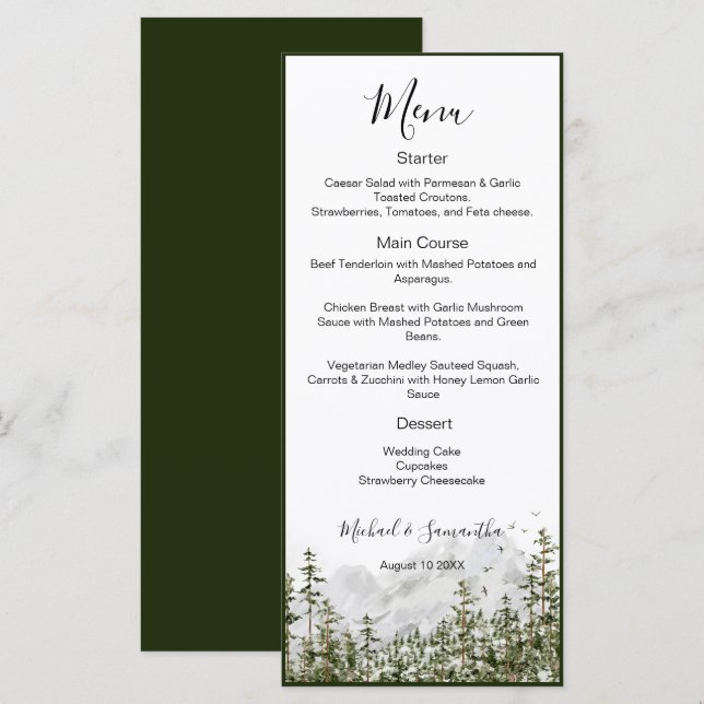 Menu Casamento Rústico Floresta Montanha Aquarela (Frente/Verso)