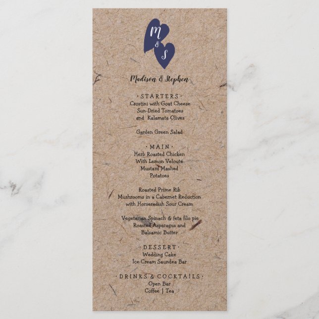 Menu Casamento Rústico | Monograma de Coração Azul-Mari (Frente)