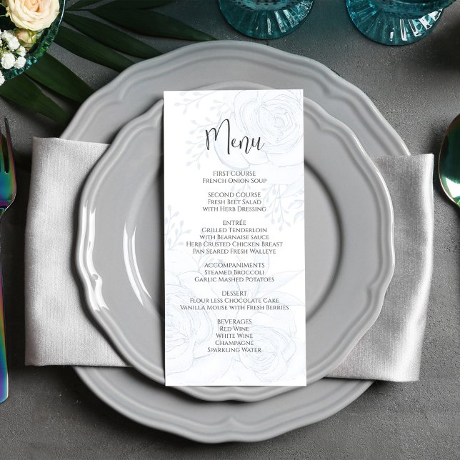 Menu Casamento Script Elegante Blue Floral (Elegant blue floral menu card with calligraphy and simple block-style lettering. )