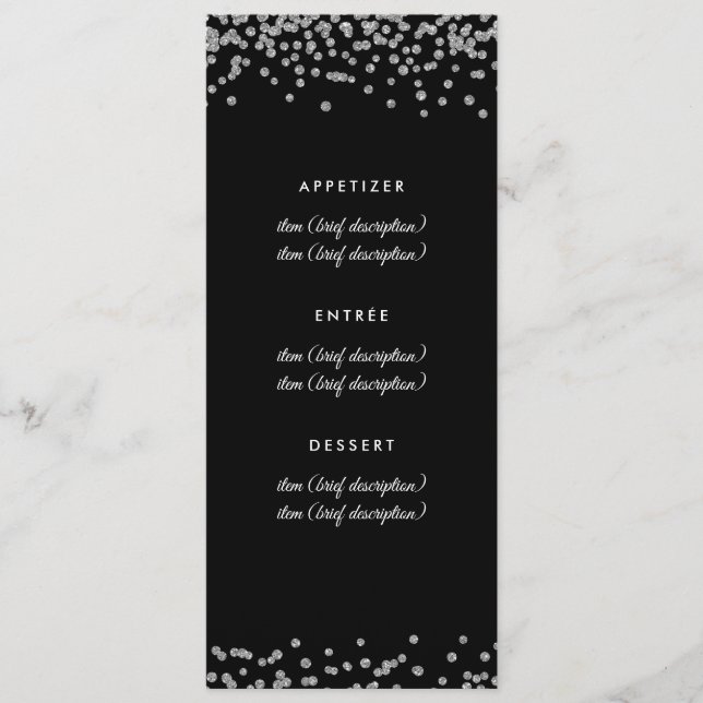 Menu Casamento Silver Faux Glitter Confetti Black (Frente)