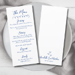 Menu Casamento Simples Azul De Mão<br><div class="desc">Menu Simples de Janto de Casamento Azul e Branco Inspirado Europeu. Este cartão minimalista de casamento mantém o design limpo e subestimado, deixando o guião manuscrito brilhar. Uma simples linha de preto no topo adiciona um sotaque sutil, enquanto o resto da frente mostra os detalhes do seu menu em uma...</div>