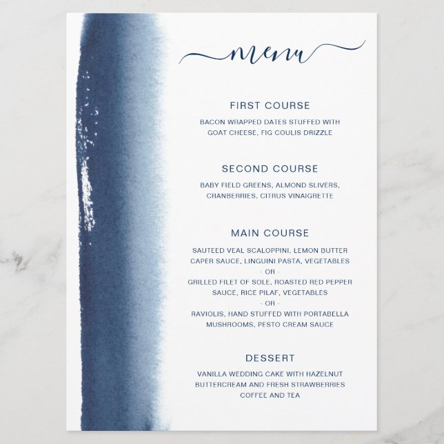 Menu Casamento Simples com Pincelada de Aquarela Azul M (Frente)