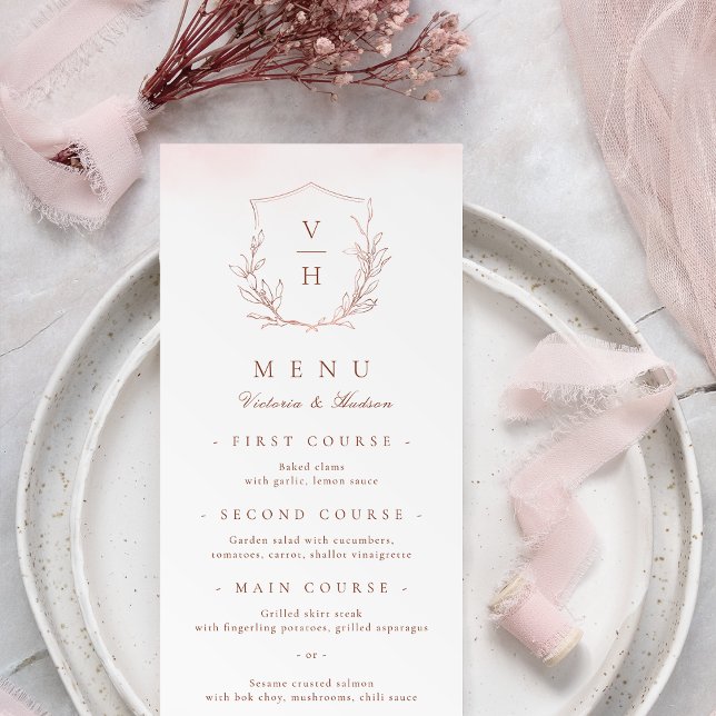 Menu casamento simples da crista botânica monograma de  (Rose gold simple botanical crest monogram wedding menu)