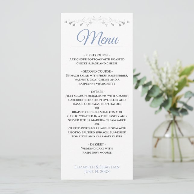 Menu Casamento Simples de Azul e Lacy Filigree Elegante (Em pé/Frente)
