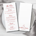Menu Casamento Simples De Branca Vermelha<br><div class="desc">Menu Simples de Janto de Casamento Vermelho e Branco Inspirado Europeu. Este cartão minimalista de casamento mantém o design limpo e o eterno, deixando o guião manuscrito brilhar. Uma simples linha vermelha de preto no topo adiciona um sotaque sutil, enquanto o resto da frente destaca seus detalhes de menu em...</div>