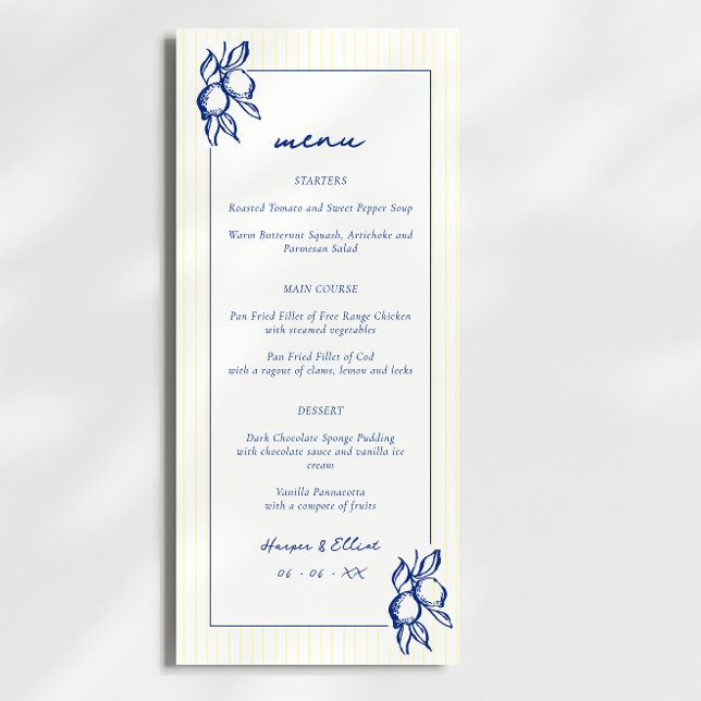Menu Casamento Simples de Doodle Azul e Amarelo com Lim (Criador carregado)