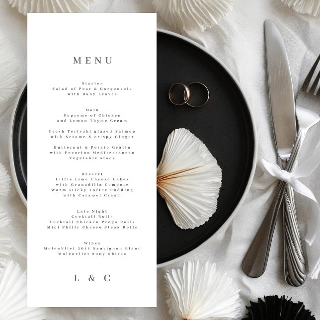 Menu Casamento Simples de Monograma Branco Elegante (Criador carregado)